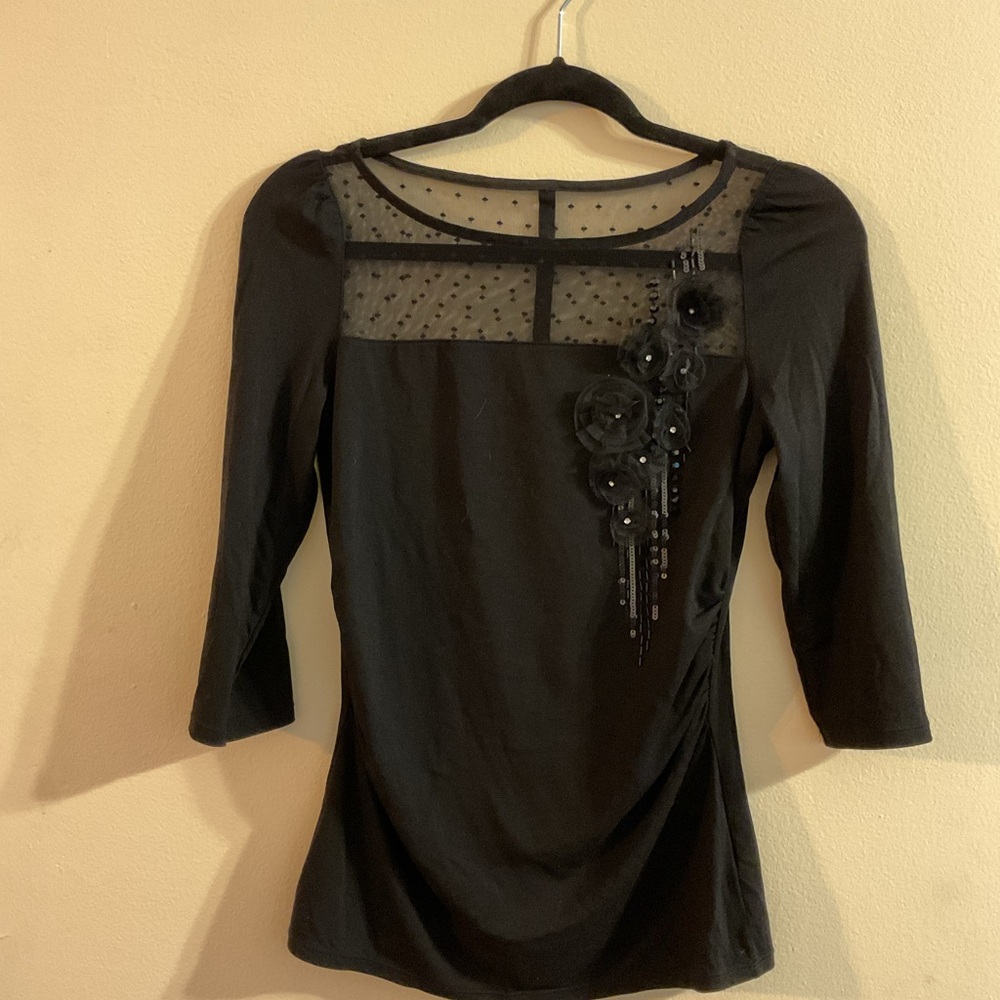White House Black Market Black Top with Floral Accents